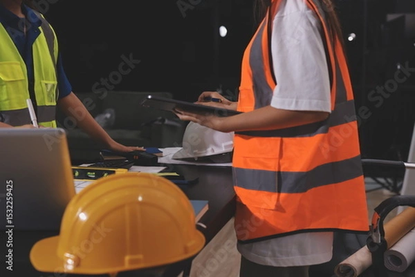 Fototapeta Closeup of team of industrial engineers meeting analyze machinery blueprints consult project on table in manufacturing factory. Working in manufacturing plant or production plant.