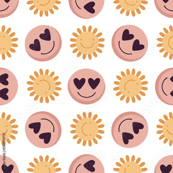 Fototapeta Seamless pattern with smiling suns and heart eyes emoticons on white background. Cute emoticon design for kids, fabric, wallpaper. Emoticon pattern in modern flat style. Emoji repeated.