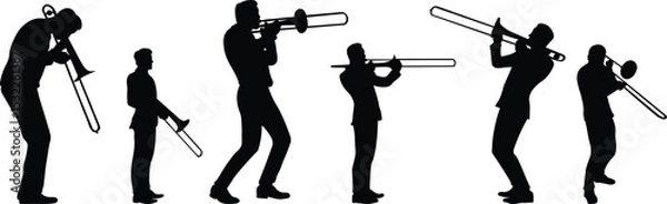 Fototapeta Silhouette set of trombone players. Jazz musical instrument of trombone players silhouette isolated on white background. Vector Illustration