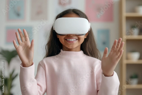 Fototapeta Hispanic girl using virtual reality headset in a playful learning space