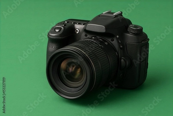 Fototapeta Professional black DSLR camera with zoom lens isolated on green background, ideal for photography, content creation, technology, and visual media concepts.


