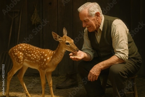 Obraz Spotted Deer Feeding with Elderly Man in Vest and Rolled Sleeves Indoors


