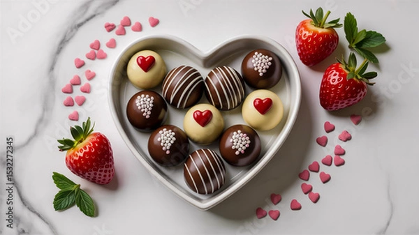 Obraz A high-quality food photography shot of chocolate-covered strawberries and truffles arranged on a white marble surface