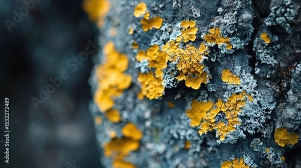 Obraz Close-up of a rock surface covered in small, yellow lichen. the lichen is spread across the rock in a random pattern, with some overlapping each other.