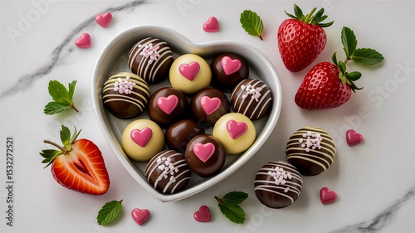 Obraz A high-quality food photography shot of chocolate-covered strawberries and truffles arranged on a white marble surface
