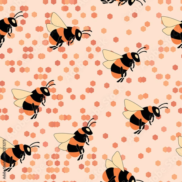 Fototapeta Seamless pattern with bees. Small wasp. Vector illustration. Design for invitation, cards, textile, fabric. Doodle style.