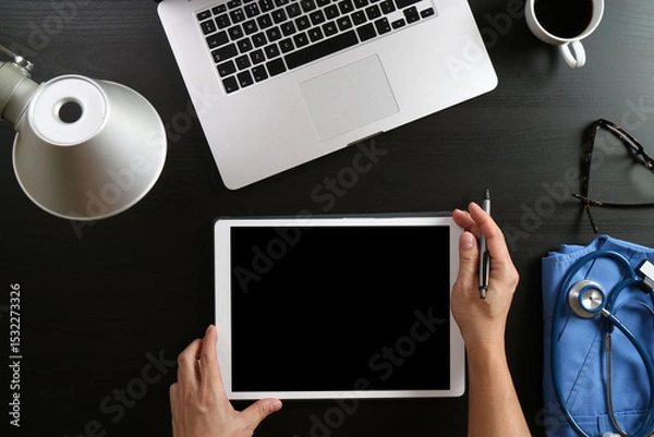 Fototapeta Doctor Holding Tablet with Stethoscope and Medical Tools on Desk
Doctor Holding Tablet with Stethoscope and Medical Tools on DeskDoctor Holding Tablet with Stethoscope and Medical Tools on Desk