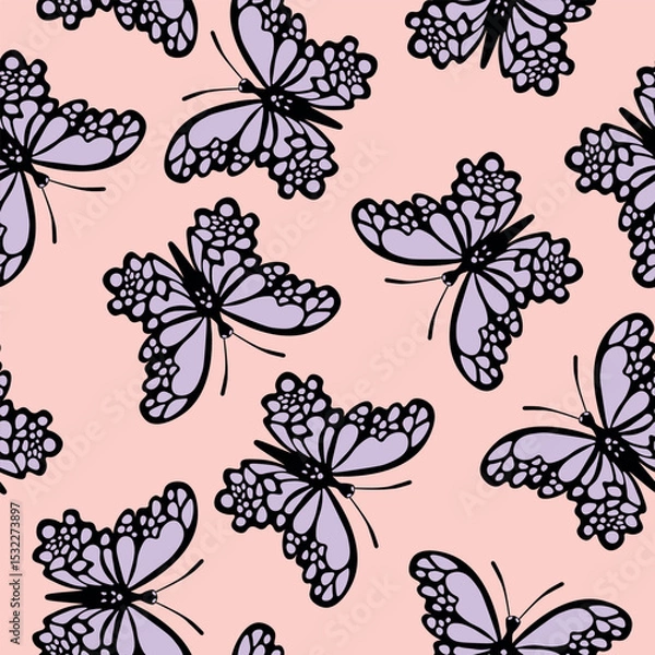Fototapeta Seamless pattern with funny colorful Butterflies, flowers. Color flat vector illustration for invitation, poster, card, textile, fabric. Butterfly graphic design print. Trendy animal motif wallpaper.