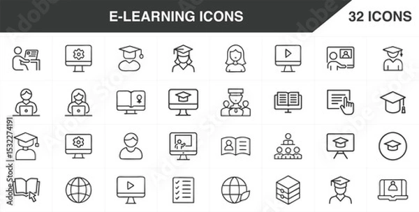 Fototapeta E-learning icons, Education Icon Pack: E-Learning, Classroom & Teacher Line Art, Modern E-Learning Interface Icons, new online education icon