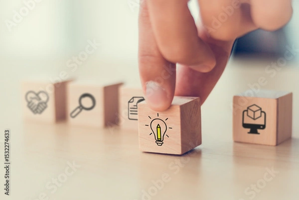 Obraz Design Thinking Process concept. Wooden blocks with icons; the key stages of the design thinking process, a solution-focused, problem-solving methodology used for innovation and strategic development.