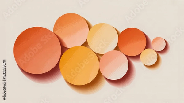 Obraz A minimalist abstract composition featuring overlapping circles in various shades of peach, coral, and cream against a pure white background
