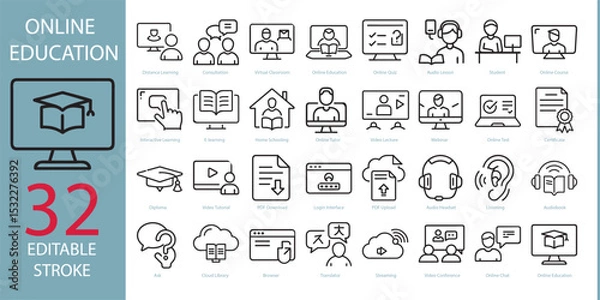 Fototapeta Online education line icons, such as audio lesson, home schooling, e-learning and more. Vector illustration. Editable stroke.