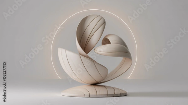 Obraz A minimalist abstract sculpture made of smooth, curved white wood with visible wood grain patterns.