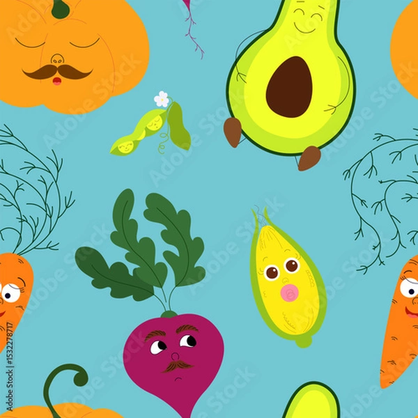 Fototapeta Cartoon Vegetable Characters Seamless Pattern