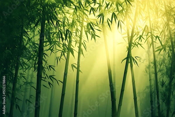Obraz Lush Bamboo Forest with Sunlight Filtering Through Green Leaves in a Tranquil Setting