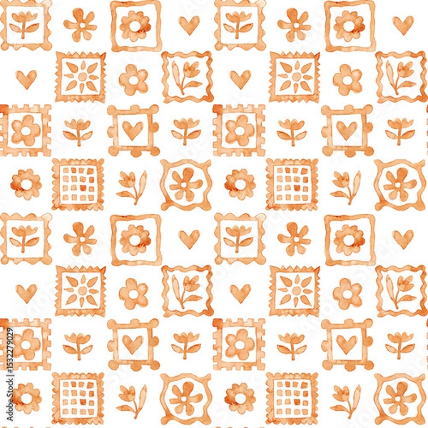 Fototapeta Watercolor seamless pattern with rustic orange blocks. Folk art floral and heart motifs. Hand-painted naive grid design. Decorative repeating print.