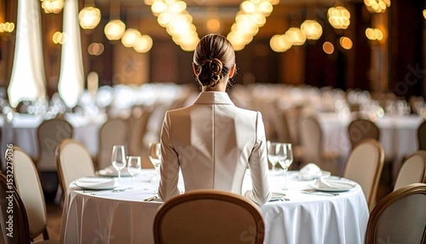 Fototapeta Faceless Figure Sitting at an Empty Table Waiting for Guests