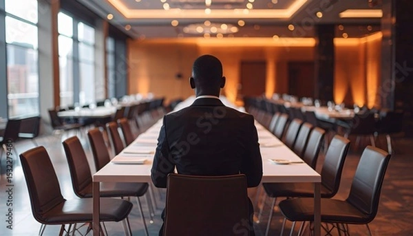 Fototapeta Faceless Figure Sitting at Empty Party Table Waiting for Guests