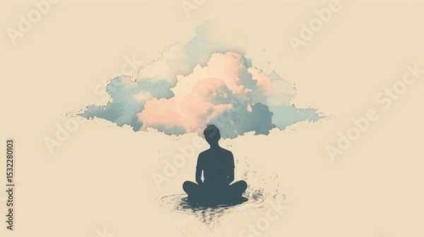 Obraz Silhouette of person meditating under surreal cloud with rain in dreamlike landscape background