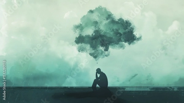 Obraz Silhouette of person meditating under surreal cloud with rain in dreamlike landscape background