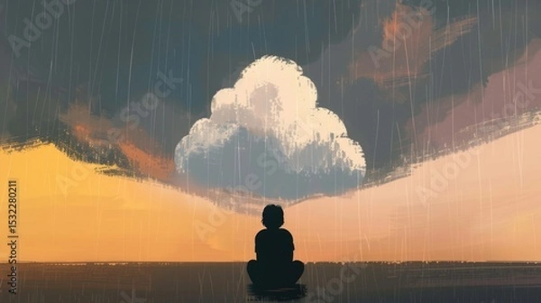 Obraz Silhouette of person meditating under surreal cloud with rain in dreamlike landscape background