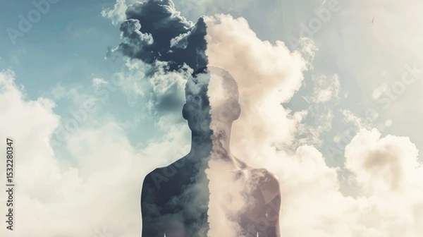 Obraz Double exposure silhouette of person merged with dramatic cloudy sky representing dreams and spiritual connection