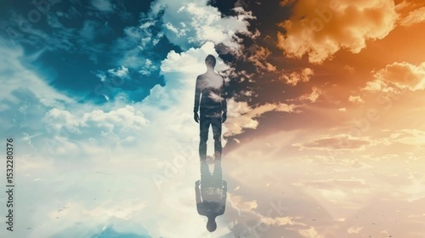 Obraz Double exposure silhouette of person merged with dramatic cloudy sky representing dreams and spiritual connection