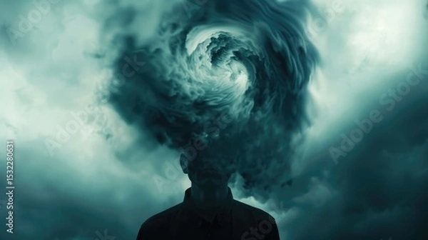 Obraz Silhouette of a human with stormy clouds swirling in a head representing mental turbulence and inner thoughts