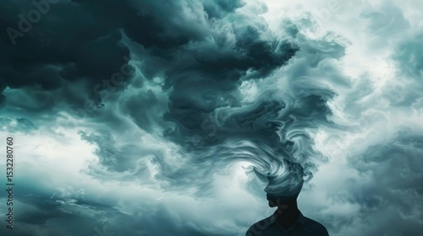 Obraz Silhouette of a human with stormy clouds swirling in a head representing mental turbulence and inner thoughts