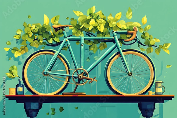 Obraz A vibrant turquoise bicycle elegantly displayed on a wooden shelf surrounded by lush green leaves