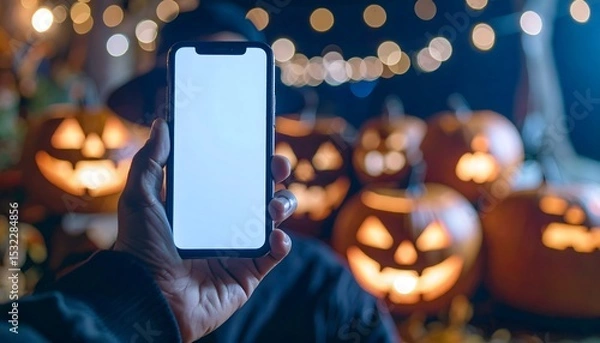 Fototapeta Faceless Person Using Smartphone Halloween Filter for Spooky Selfie