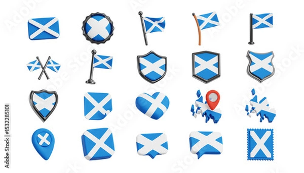 Fototapeta Scotland Flag 3D Icons – Scottish National Flag in Map, Pin, Heart, and Shield Styles