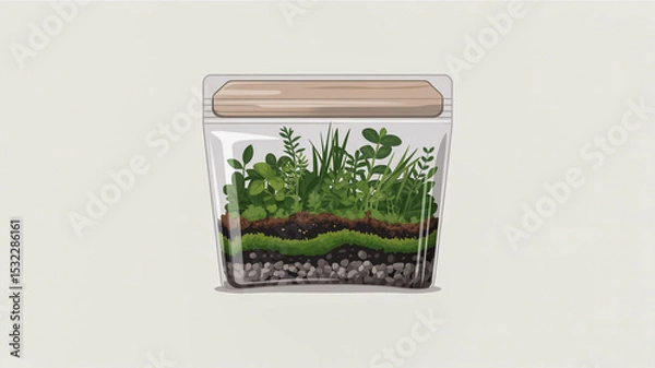 Obraz A product photograph of a small terrarium kit in a clear plastic package with a light wooden lid.