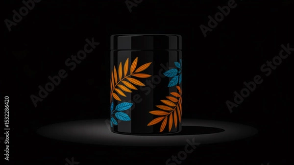 Obraz A product photograph of a matte black cylindrical container with a tropical leaf design against a dark background.