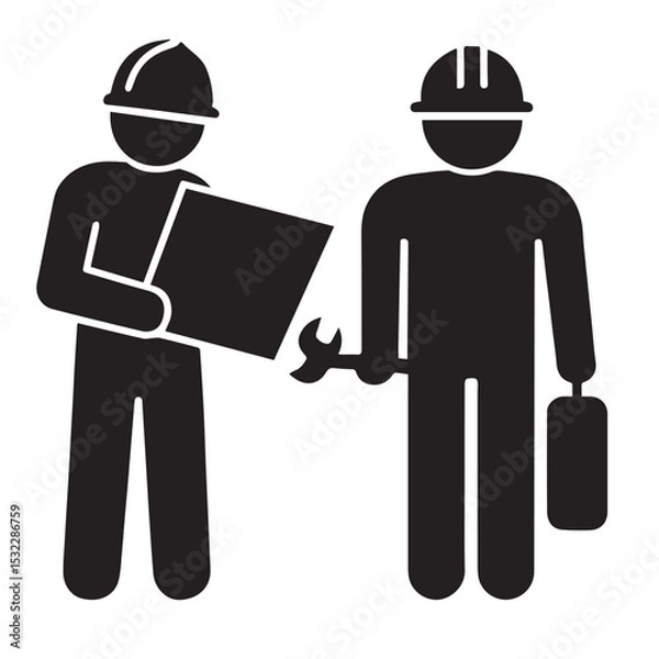Obraz Construction Workers with Blueprint and Tools Icon – Collaboration and Jobsite Planning