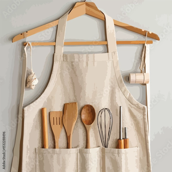 Fototapeta beige-linen-apron-with-wooden-utensils-and-paper