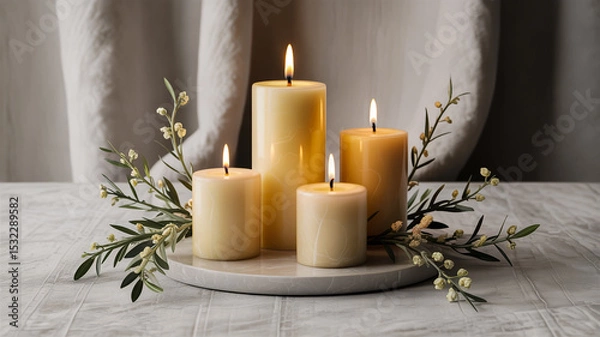 Obraz A product photography shot of four white pillar candles of varying heights arranged on a light gray surface