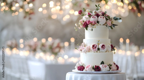 Obraz A three-tier white wedding cake adorned with pink and red flowers, set against a softly lit, elegant reception backdrop.