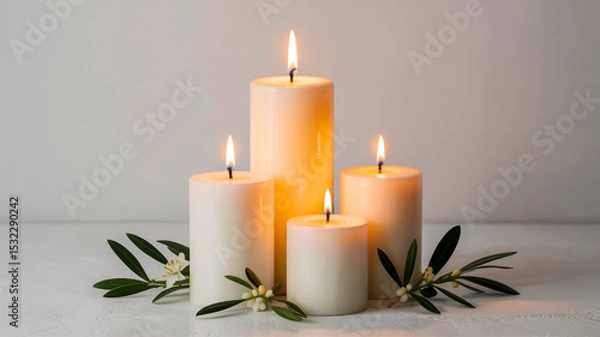 Obraz A product photography shot of four white pillar candles of varying heights arranged on a light gray surface