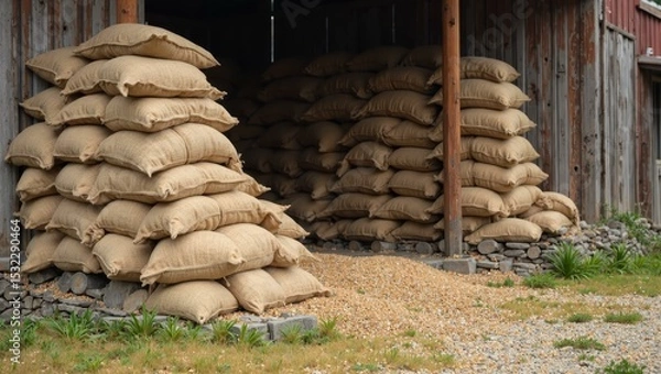 Fototapeta Burlap sacks of grain spilled with stacks outside storage barn