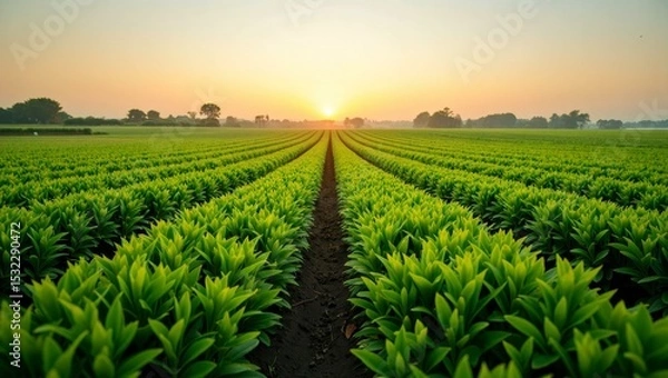 Fototapeta Aligned green tobacco field at sunset under clear glowing sky
