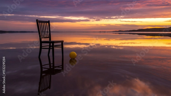 Obraz A surreal photograph of a black wooden chair standing in shallow water at sunset.