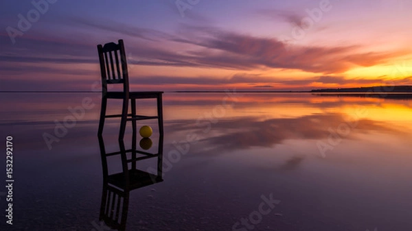 Obraz A surreal photograph of a black wooden chair standing in shallow water at sunset.