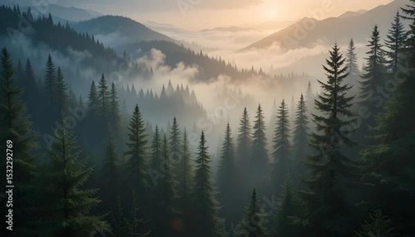Fototapeta Misty Morning in the Forest 4K Background Smoky Jungle Aerial View of Spruce Trees on Mountain HD Wallpaper