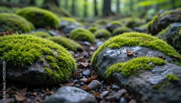 Fototapeta Beautiful Bright Green Moss Covering Rough Stones and Forest Floor Macro View Moss Texture on Rocks in Nature Soft Focus Wallpaper