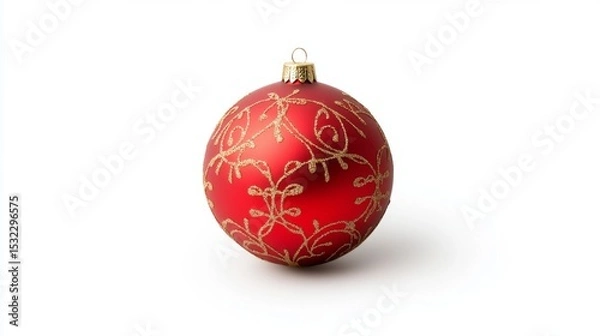 Fototapeta Elegant red and gold Christmas ornament, adorned with intricate patterns, softly shadowed against a clean white backdrop.