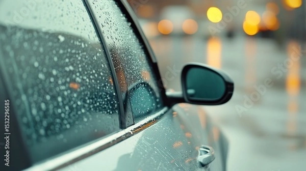 Fototapeta City Lights Through Rainy Glass, vibrant reflections of urban life merging with nature's touch, a moment of serenity amidst the hustle
