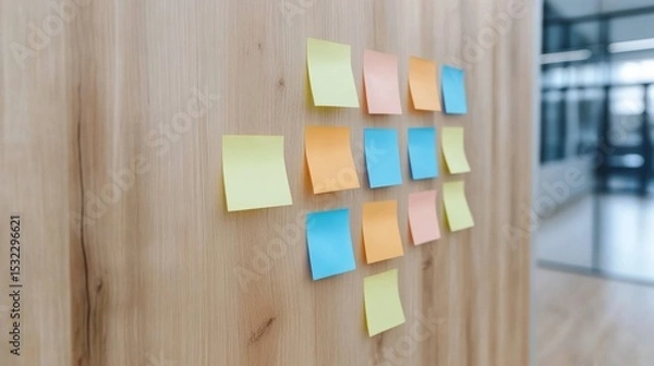 Fototapeta Colorful sticky notes arranged in a grid on a sleek wooden wall, showcasing a vibrant approach to organization and creativity