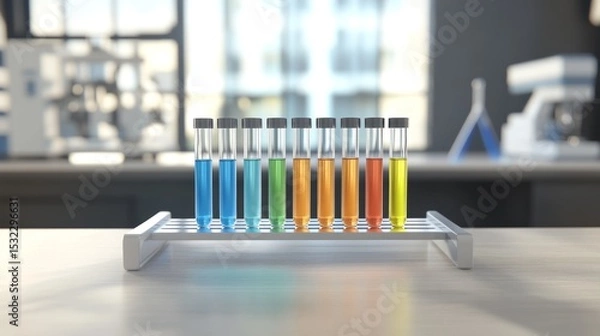 Fototapeta Vibrant Test Tubes in Laboratory Setting, Colorful liquids in test tubes arranged neatly, surrounded by scientific research equipment and tools