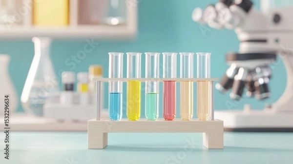 Fototapeta Vibrant test tubes in a laboratory setting, filled with colorful liquids, surrounded by research instruments and equipment